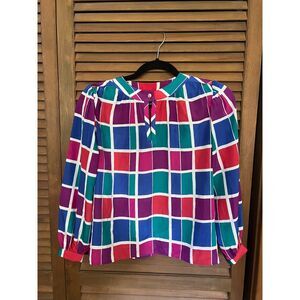Vintage Liz Claiborne Petites Plaid Grid Colorful 1980s 1990s Blouse Size 2